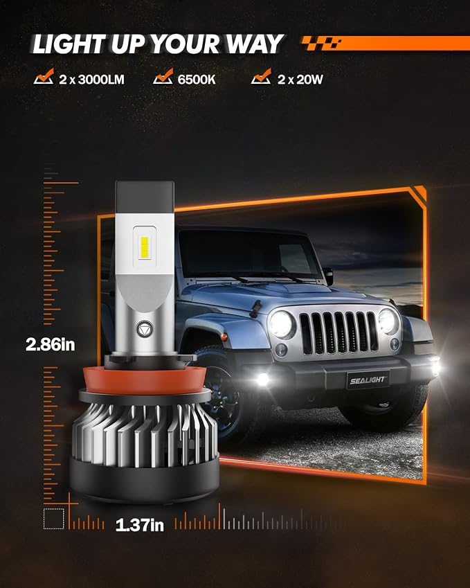 SEALIGHT H11 LED Fog Light Bulbs, 600% Brightness 6500K Cool White H11 H8 H16 LED Fog Lights, 20000RPM Turbo Fan, 1:1 Size, Fog Lights for Trucks Cars, Plug-N-Play, Pack of 2, Exterior Lighting