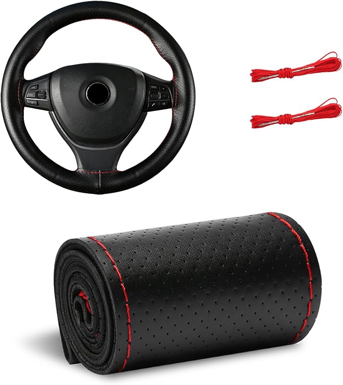 Genuine Leather Steering Wheel Cover, 15 Inch Stitch on Steering Wheel Protector with Needle & Thread, Anti-Slip DIY Sewing Wheels Wrap for Most Vehicles (Black & Red, Full Hole)