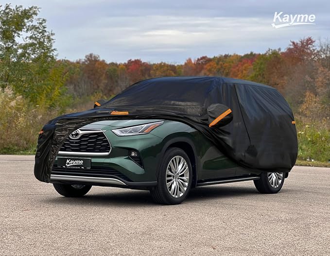 Kayme 7 Layers SUV Car Cover Custom Fit for Toyota Highlander (2013-2025) Waterproof All Weather for Automobiles, Outdoor Full Cover Rain Sun UV Protection.Black