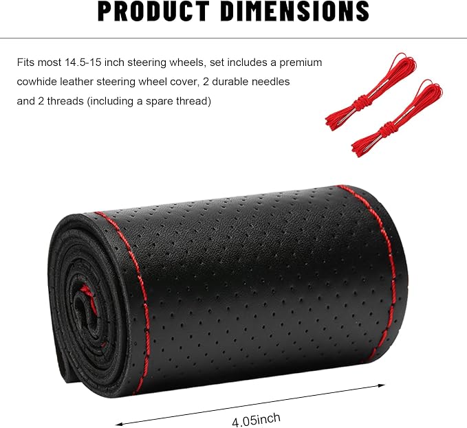 Genuine Leather Steering Wheel Cover, 15 Inch Stitch on Steering Wheel Protector with Needle & Thread, Anti-Slip DIY Sewing Wheels Wrap for Most Vehicles (Black & Red, Full Hole)