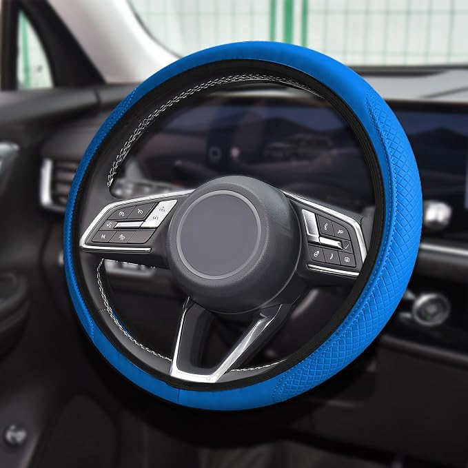 Car Steering Wheel Cover, Universal 14.5-15 Inch Blue Leather Steering Wheel Wrap with Better Sport Grip for Men Women, Anti-Slip Breathable Car Interior Accessories for Most Vehicles (Blue2)