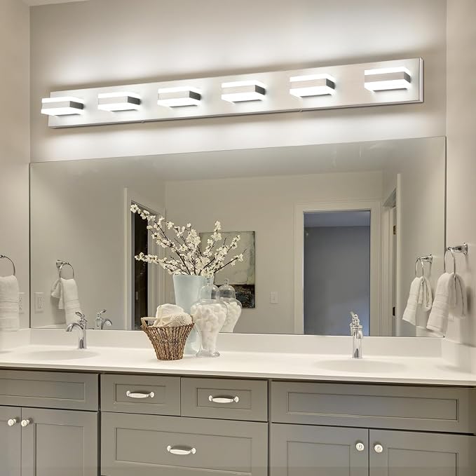 SOLFART LED Modern Bathroom Vanity Lights Over Mirror Fixture Brushed Nickel Vanity Light 6 Light LED Nickel Wall Light ETL Listed