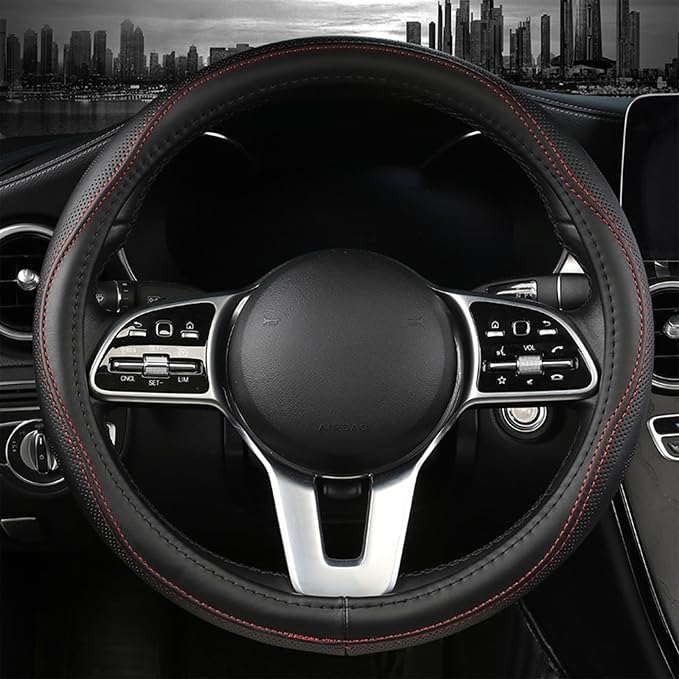 Genuine Leather Steering Wheel Cover, Real Cowhide for 14.5-16 Inch Steering Wheels, Universal Fit for Cars and Trucks (BlackRed, 16inch)