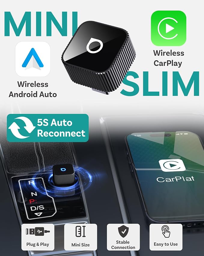 OTTOCAST Mini Slim Wireless CarPlay & Android Auto Adapter, USB-A/USB-C Dual Port, 5s Auto Connect, Plug & Play, Compact Design