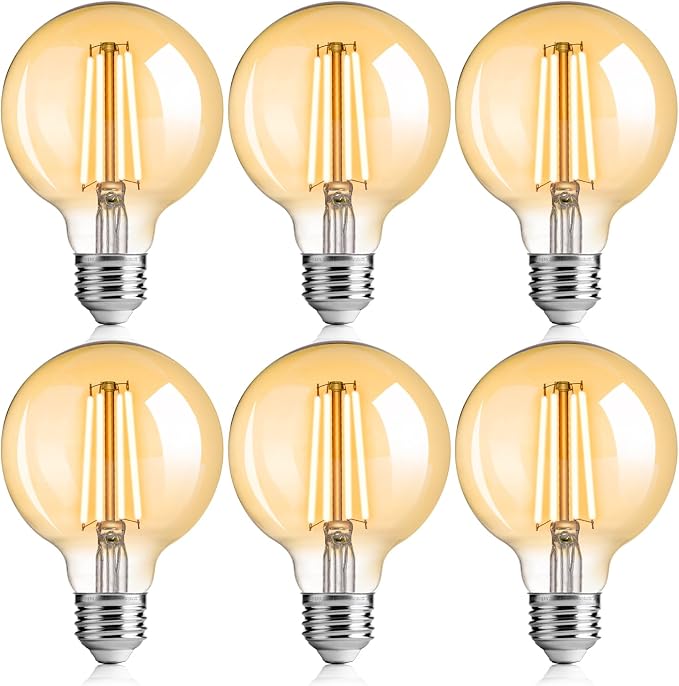 FLSNT 6 Pack Amber Glass LED Edison Bulbs, G25 Globe Light Bulbs 2200K Warm White, Dimmable Decorative Bulbs for Bathroom & Living Room, 40W Equivalent 400LM, CRI90+ E26 Base, UL Listed
