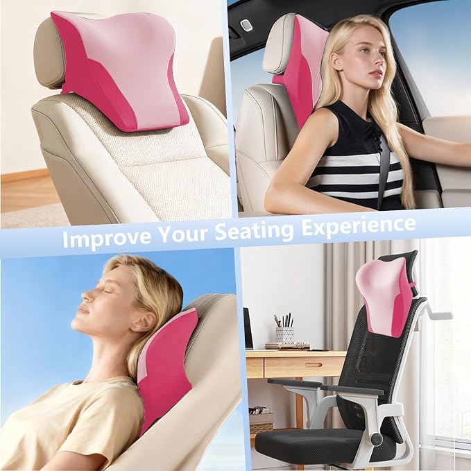 BABUR Car Headrest Pillow, Ergonomic Neck Support for Driving Seat 1 Pcs | Pink,100% Memory Foam,Universal Fit,Softness,Adjustable Strap,Breathable Removable Cover,Car Rest Pillow for Pain Relief