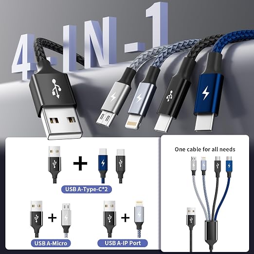 4 in 1 Multi Charging Cable, 2 Pack 6FT Charging Cords for Multiple Devices | USB C Car Charger Cable with Dual USB-C, IP & Micro Ports, Nylon Braided Travel Charging Cord for Multiple Devices