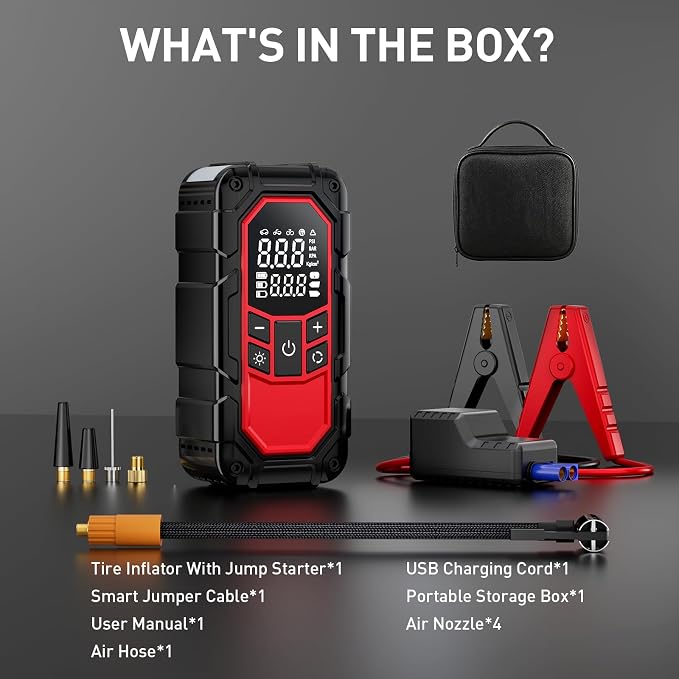 Jump Starter with Air Compressor,Car Battery Jump Starter (9.0 Gasoline/6.5L Diesel) with 150PSI Digital tire inflator Portable,12V Power Pack Car Jump Box Charger with LCD Display, Lights