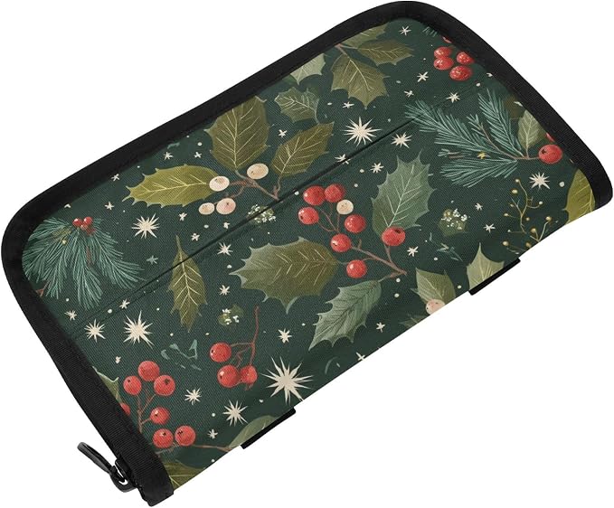 Green Christmas Holly Berries Pine Needles Leaves Car Tissue Holder Durable Napkin Holder Hanging Tissue Holders Case Car Tissues Bag for Sun Visor Seat Back Universal Auto