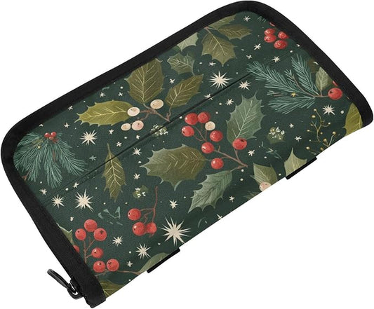 Green Christmas Holly Berries Pine Needles Leaves Car Tissue Holder Durable Napkin Holder Hanging Tissue Holders Case Car Tissues Bag for Sun Visor Seat Back Universal Auto