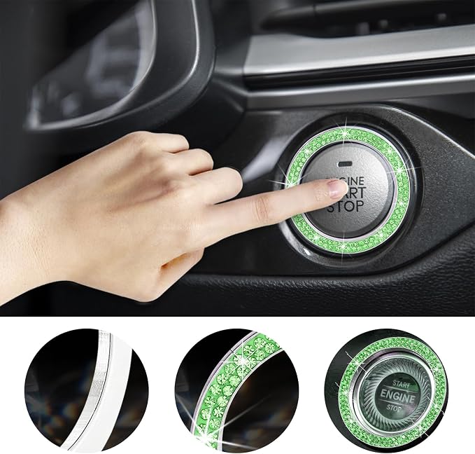 Kewucn Bling Crystal Double Rhinestone Car Engine Start Decoration Ring, Sparkling Push Start Button Sticker, Key Ignition & Knob Ring Decoration, Bling Car Interior Accessory (Light Green)