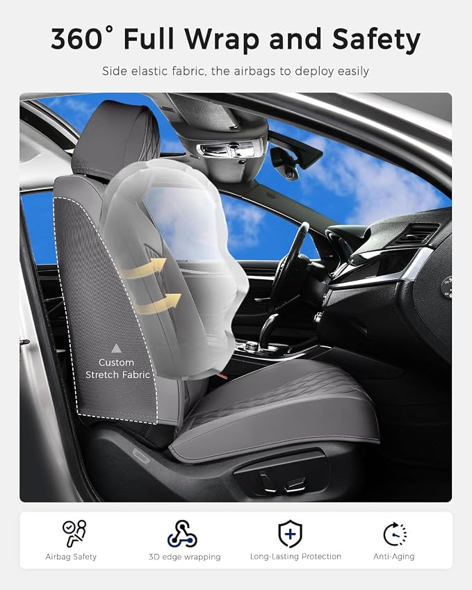 Huidasource Gray Front Seat Covers, Car Seat Covers Front Seats Nappa Leather, Side Elastic Fabric, Compatible with Airbags, Seat Belts, Universal Fit for Most Cars Vans Trucks SUVs (Front Pair/Gray)