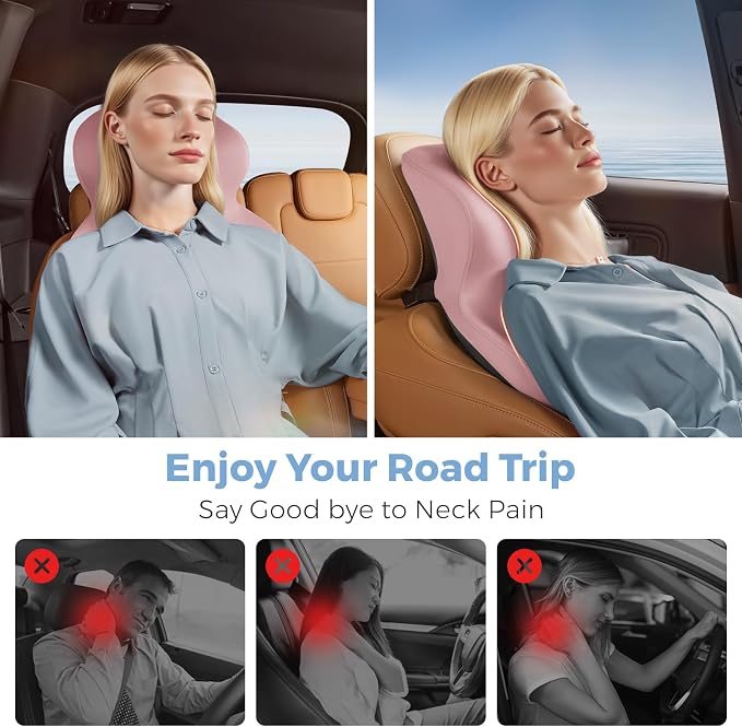 BEBAS Car Headrest Pillow, Ergonomic Neck Pillow with Memory Foam, Enlarged Surface for Head Neck Shoulder Support, Breathable Removeable Car Seat Pillow for Pain Relief(Pink, 1 Pack)