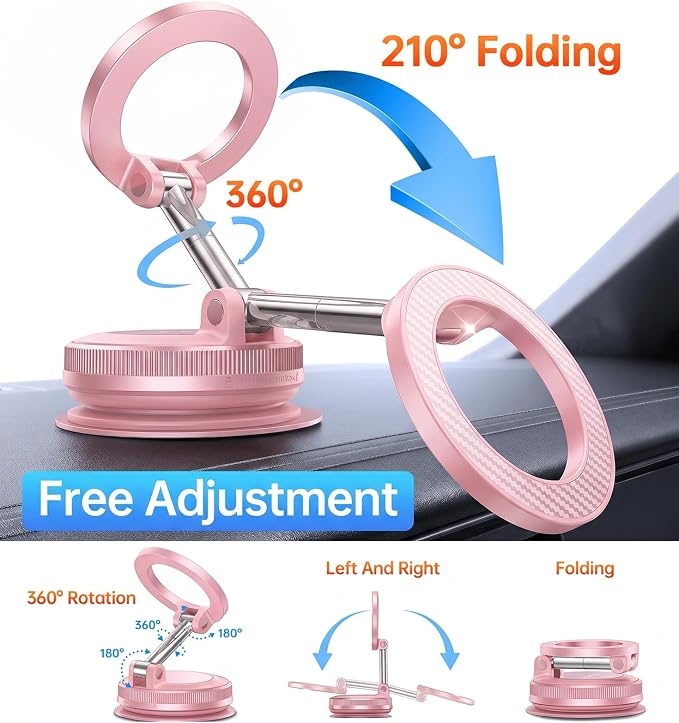 Coolpow【Newest Vacuum Magnetic Phone Holder for Car Phone Holder Mount【Movable Vacuum Suction】 Magsafe Car Mount Cell Phone Holders for Your Car Accessories for Women Men for iPhone 17 16-Light Pink
