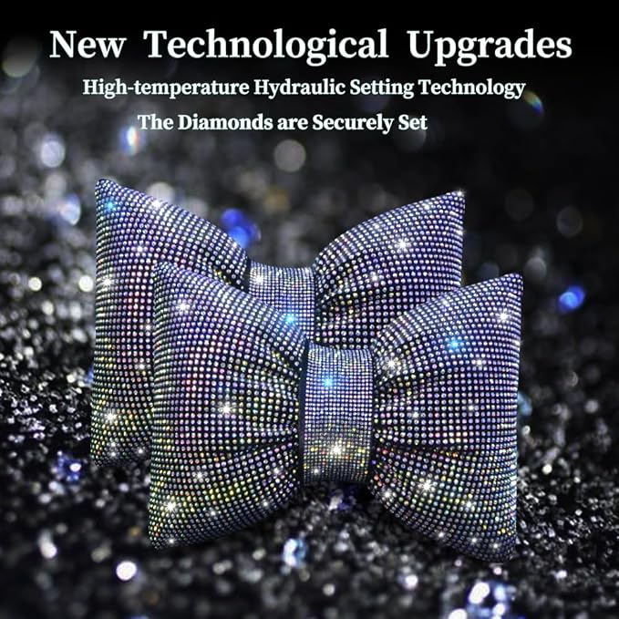 Bling Car Neck Pillow with Bow Tie Rainbow Crystal Rhinestone Diamond Automotive Accessories for Ladies and Woman Girls Driving Comfort Auto Seat Pillow for Driver Colorful 2Pcs