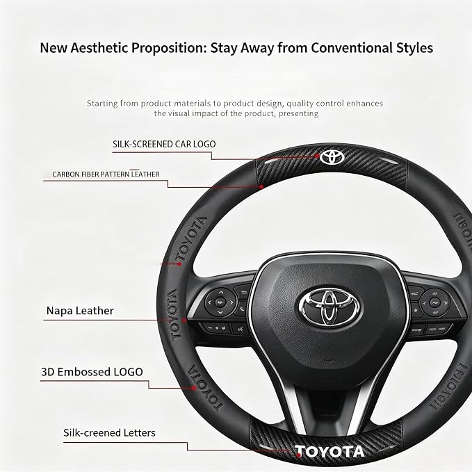 fit for Toyota Steering Wheel Cover, Carbon Fiber Texture Nappa Leather,Car Steering Wheel Protector,Round Shape,Compatible with Toyota Tacoma 4runner Rav4 Corolla Camry Tundra Highlander Accessories
