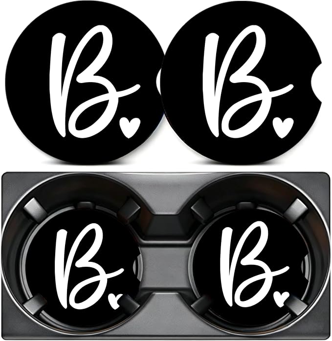 2PCS Letter B Car Cup Holder Coasters,Simple Initial Car Coasters Cars Accessories Interior Decor Universal Neoprene 2.75" Anti-Slip Rubber Mat with Finger Slot,Monogram Gifts for Women, Men, Driver