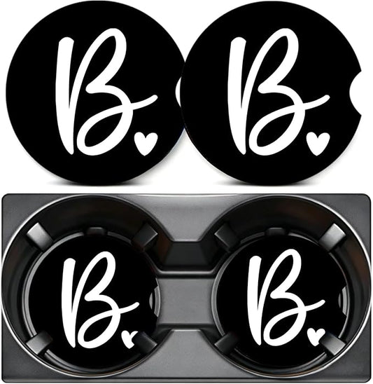 2PCS Letter B Car Cup Holder Coasters,Simple Initial Car Coasters Cars Accessories Interior Decor Universal Neoprene 2.75" Anti-Slip Rubber Mat with Finger Slot,Monogram Gifts for Women, Men, Driver