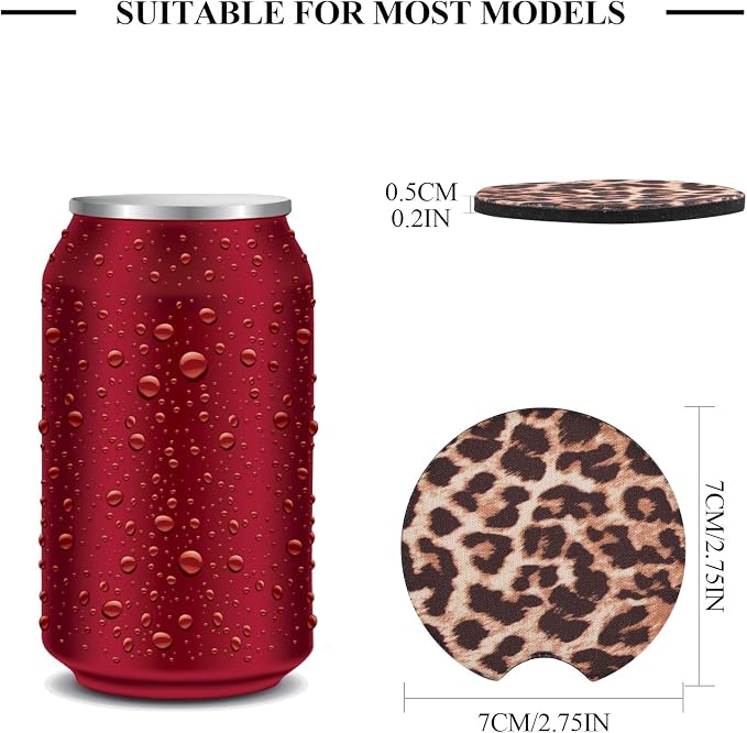 4 Pack Car Coasters, 2.75inch Leopard Print Cup Holder Coasters for Car, Neoprene Cup Pad Mat Coaster for Cup Holders for Women