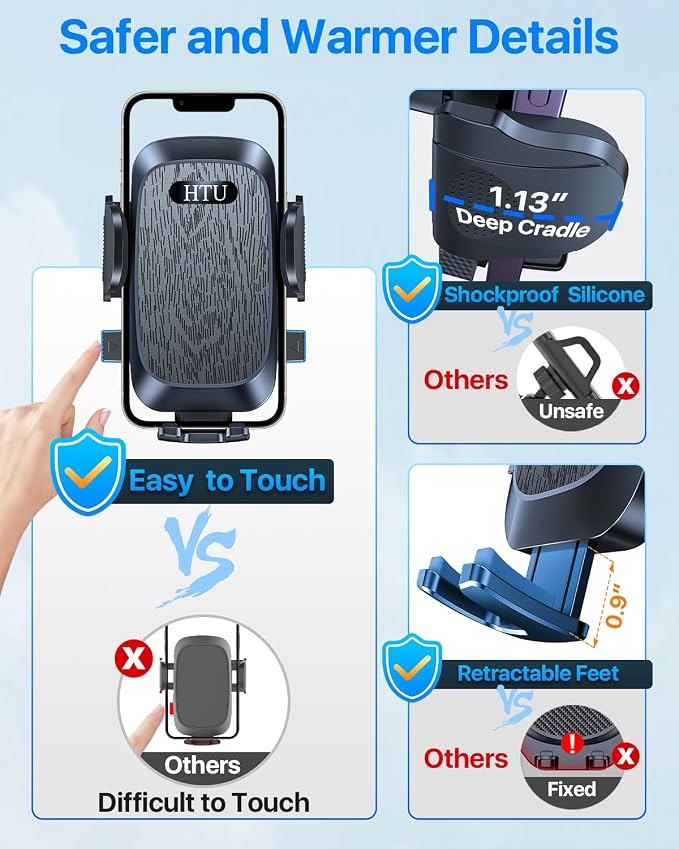 HTU Car Phone Holder【2026 Upgraded 100+LBS Suction & Safety Cert】 Cell Phone Car Mount for Truck Heavy Duty Phone Holder for Dashboard/Windshield/Vent for iPhone 17 16 Pro Max, Jet Black