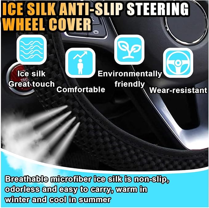 Stretch Elastic Steering Wheel Cover, All-Season Comfort, Warm in Winter & Cool in Summer, Universal 15 Inch Microfiber Breathable Ice Silk, Anti-Slip, Odorless, Easy Carry, Fit Car, SUV (Black)