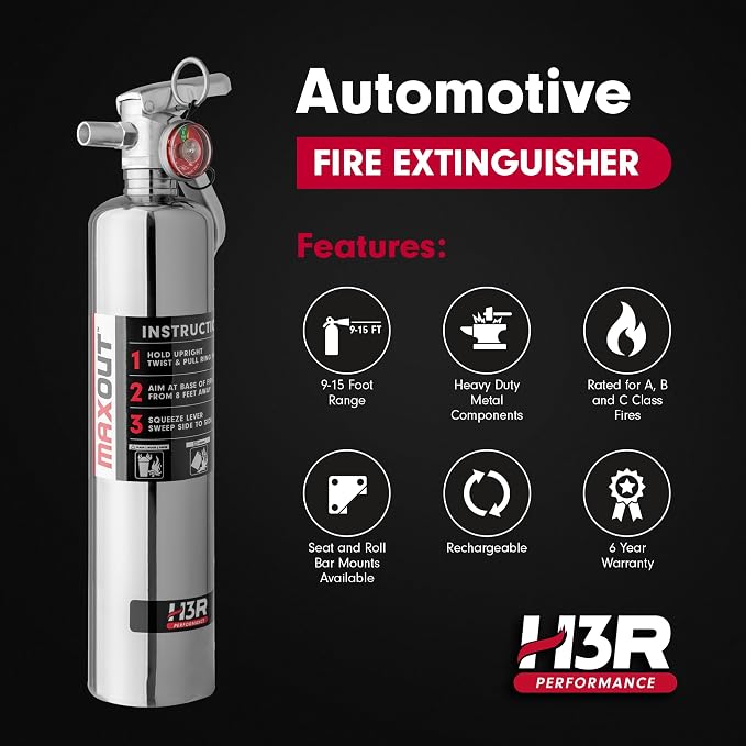 MaxOut ABC Fire Extinguisher for Vehicle, Marine & Home Safety | Car, Truck, Off-Road, UTV, RV, Boat | Refillable Dry Chemical | Mounting Bracket | UL Listed, USCG Approved | 2.5 lbs Chrome