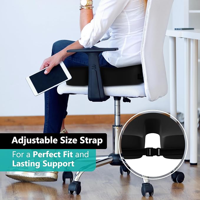 Seat Cushion - High-Density Charcoal Memory Foam Office Chair Cushion with Adjustable Strap & Washable Non-Slip Cover | Supports Sitting Posture for Office, Car & Home