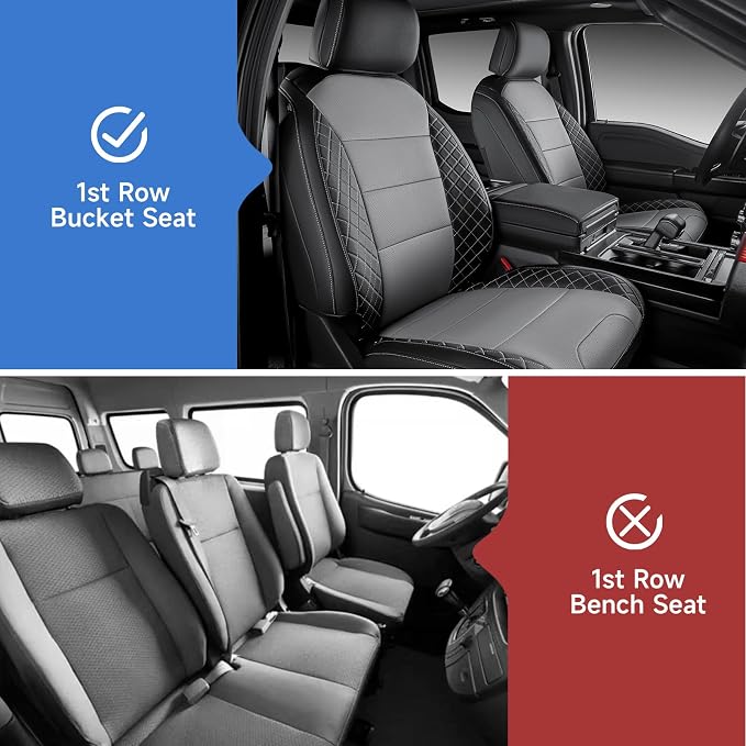 F150 Seat Covers, Custom Fit for Ford 2021-2026 F150 XL XLT STX Super Crew Cab, 2023-2026 F250 F350 F450 XL XLT Crew Cab, Truck Seat Cover Full Set, Leather, Black & Grey