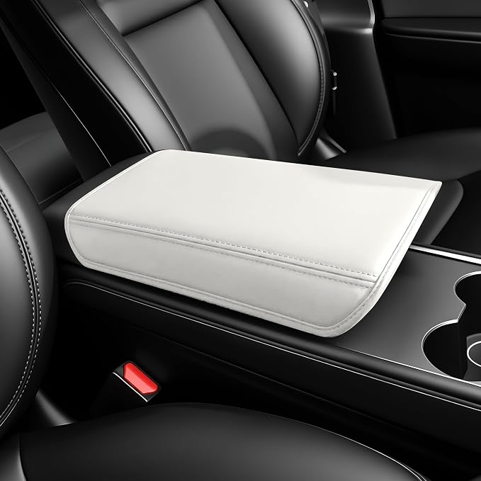 for Tesla Model Y (2020-2024) & Model 3(2021-2023) Leather Center Console Cover [Soft Touch & Match Seat Color] Armrest Cover for Tesla Model 3 & Model Y Accessories White