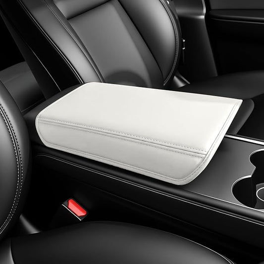 for Tesla Model Y (2020-2024) & Model 3(2021-2023) Leather Center Console Cover [Soft Touch & Match Seat Color] Armrest Cover for Tesla Model 3 & Model Y Accessories White