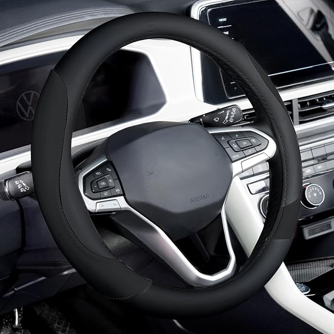 Coverado Car Steering Wheel Cover, Nappa Leather Black Steering Wheel Covers for Women, Universal 14-15 inch, Anti-Slip, Breathable Steering Wheel Protector