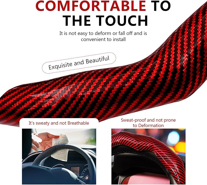 2Pcs Carbon Fiber Steering Wheel Cover, Cool Irregular Shape Grip & Anti-Slip Lining Segmented Design Steering Wheel Protector for Car Interior Accessory, Stylish & Sporty (Red)