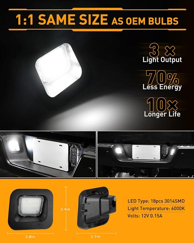 LESAUCE Full LED Clear Lens License Plate Light For 2003-2018 Dodge RAM 1500 2500 3500 Pickup Truck, 6000K Cool White, Tag Lamp Assembly Replacement，2PCS