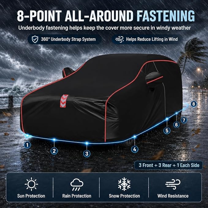 SUV Car Cover Waterproof All Weather, 8-Point Fastening, Fits Up to 181 in | 8-Point Fastening, 120s Quick Setup, 600D Oxford Fabric, All-Weather Protection