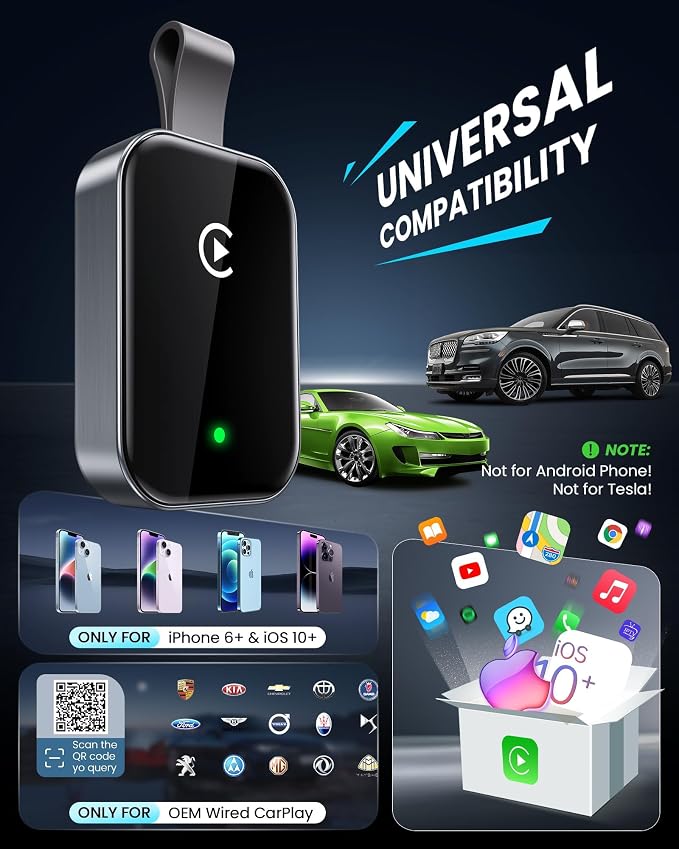 High Tech Wireless CarPlay Adapter for Apple-Super Mini Edition | Easy to Upgrade Wired Car Play to Wireless | Latency-Free in-Dash Navigation GPS Dongle for iPhone iOS 10+(Silver Black)