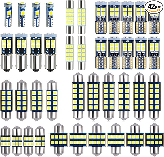 EBAIFUN 42-Pack White LED bulbs Kit for Car Truck Interior Map Dome Light | Vanity Mirror Trunk Courtesy License Plate Light DE3175 6418 6411 T10 2825 BA9S 64111 T5 74 6612F 6615F 31mm 36mm 41mm Size
