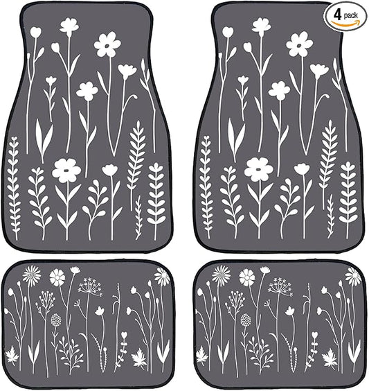 Boho Flower Car Floor Mats Set of 4 Minimalist White Floral Line Art Grey Automotive Foot Mats Rugs Carpet for Car Non-Slip Auto Car Accessories Universal Fit for Car SUV Truck Van