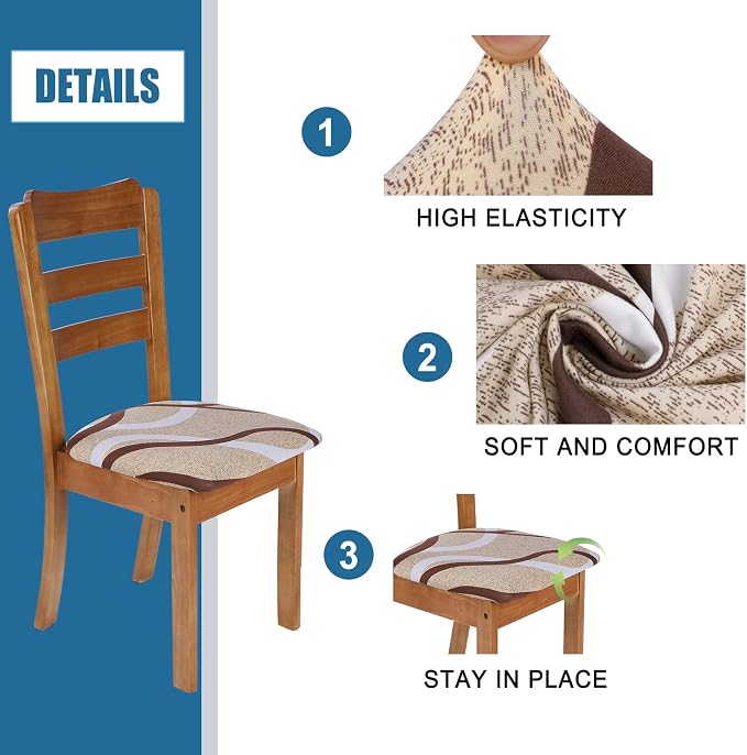 SearchI Seat Covers for Dining Room Chairs Stretch Printed Chair Seat Covers Set of 4, Removable Washable Upholstered Chair Seat Protector Cushion Slipcovers for Kitchen, Office(Beige)