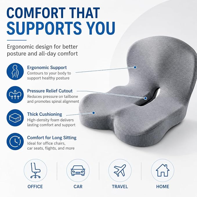 Memory Sponge Cushion, Pressure reducing Cushion, Ergonomic, Lumbar Support Pillow (All Black)