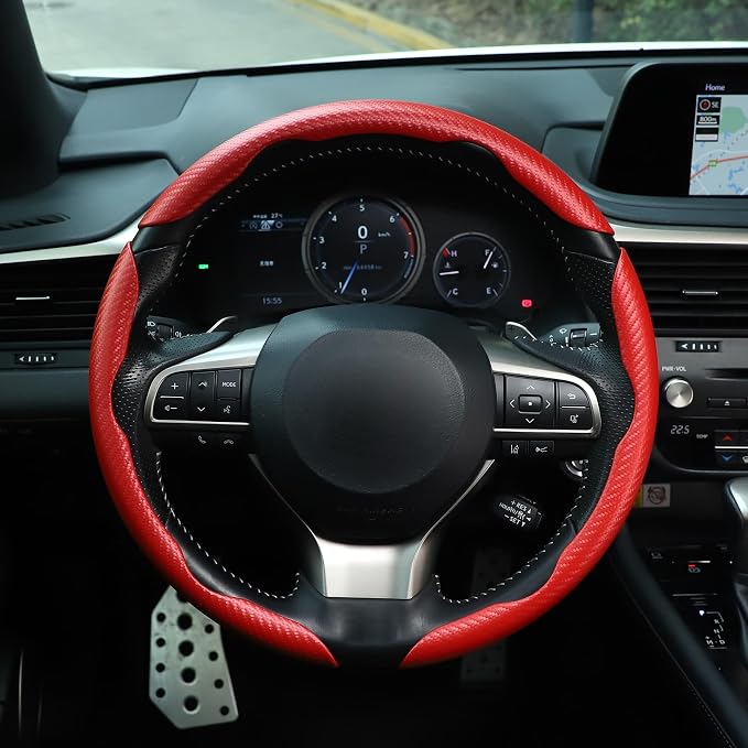 Amiss 3pcs Carbon Fiber Anti-Skid Steering Wheel Cover, Waterproof & Segmented Butterfly Design, Universal 99% Vehicle Wheel Cover Protector, Car Interior Accessories (Red-3pcs)
