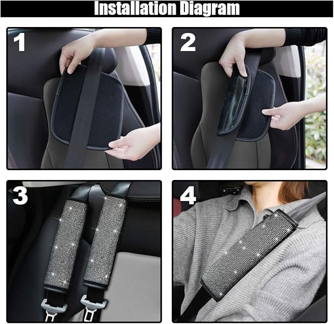 GLSOWEE 2PCS Bling Car Seat Belt Shoulder Pads for Women, White Diamond | Bling Rhinestones Seat Belt Covers, Car Seatbelt Strap Pad with Crystal Diamond, Car Interior Accessories for Car SUV