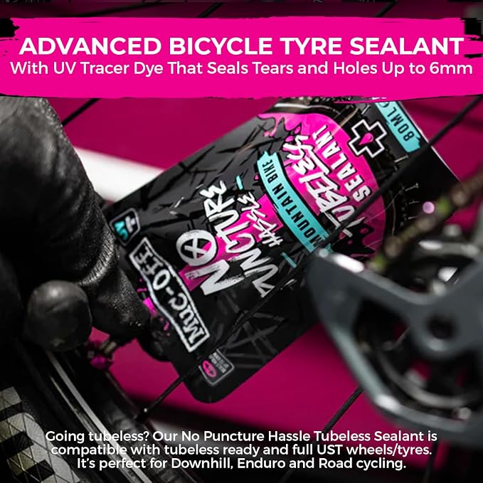 Muc-Off No Puncture Hassle Tubeless Sealant - Advanced Bicycle Tyre Sealant with UV Tracer Dye That Seals Tears and Holes Up to 6mm