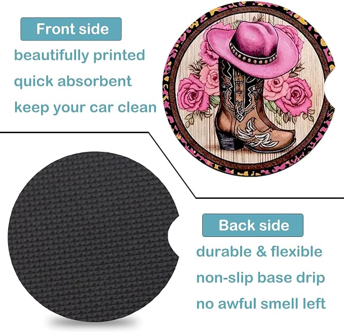 2 PCS Cowgirl Hat Boots Car Cup Holder Coasters Universal Neoprene Coasters | 2.75" Universal Size Anti Slip Rubber Mat,Auto Cup Holder Accessories for SUV Truck, Western Cowboy Gifts for Women Men Mom