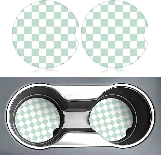White and Green Checkered Car Coasters for Cup Holders,2 Pack Car Cup Holder Coasters for Car,Ceramic Absorbent Car Coaster with A Finger Notch and Cork Base,Car Interior Accessories for Women Men