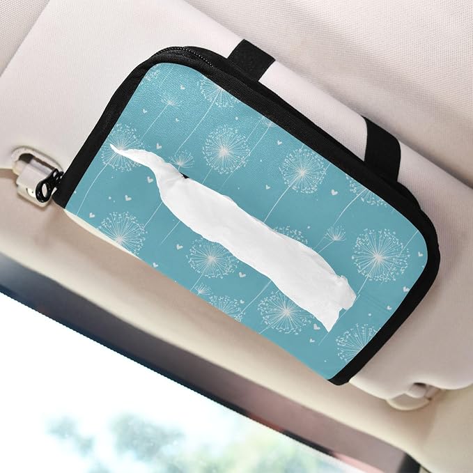 Car Tissue Holder Car Napkin Holder Tissue Box Dispenser Storage Case Sun Visor Mask Holder Accessories with Adjustable Straps Reusable Refillable Bright Blue Dandelion Heart