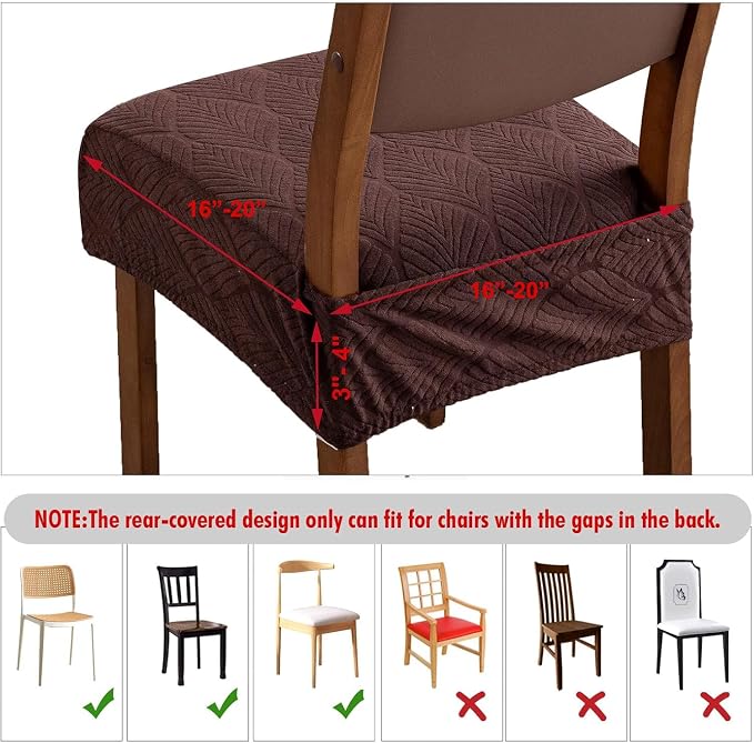 Removable Washable Dining Chair Seat Covers Set of 6,Stretch Jacquard Chair Seat Cushion Protector Slipcovers, Rear Covers
