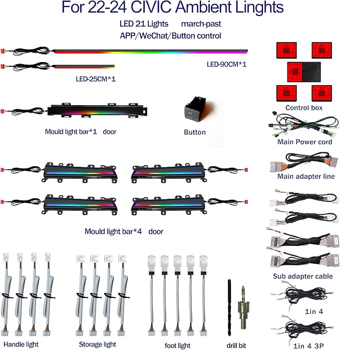 LED Ambient Lighting Kit for 11th Gen Honda Civic - Co-Pilot Glowing Trim, Footwell Light, 4 Luminous Trim Plates, Center Console Light bar