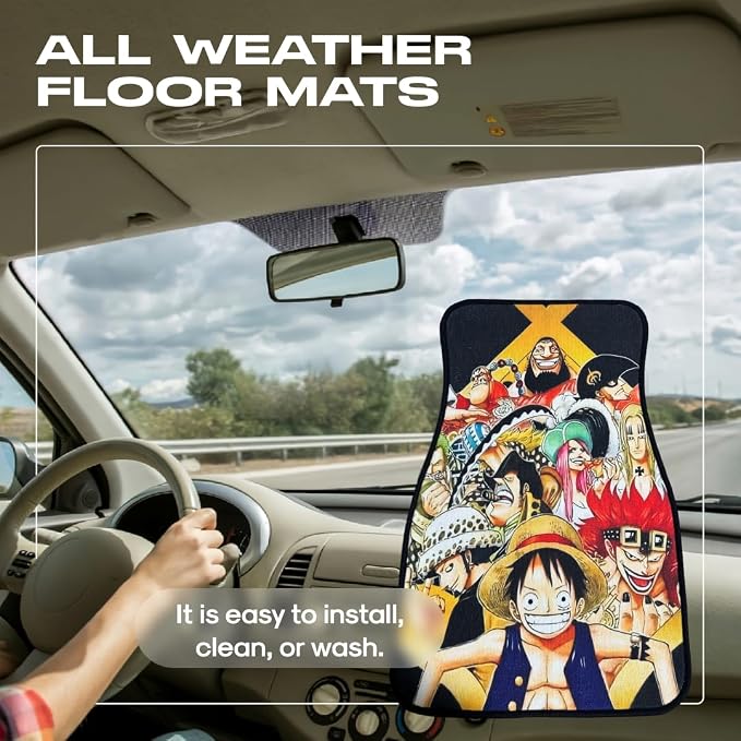 Anime Car Carpet Mat Set of 2 Front, Black OPGroup Design Automotive Accessories Interior All Weather Floor Mats Decor with Non Slip Black Anti Skid Backing
