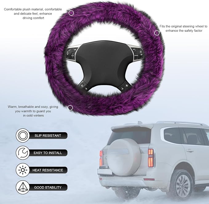 Fluffy Steering Wheel Cover, 15 Inch Anti-Slip Microfiber Plush Fuzzy Steering Wheel Cover, Winter Warm Elastic Fuzzy Steering Wheel Covers for Women and Men, Car Accessories (Purple)