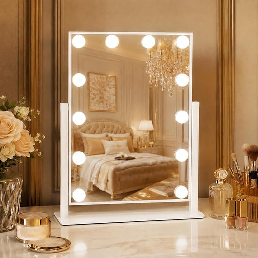 FENNIO Vertical Hollywood Vanity Mirror with Lights, 13" x 16.1" Lighted Makeup Mirror with 12 Dimmable LED Bulbs, 3 Color Lights, Touch Control, Tabletop Vanity Mirror for Makeup Desk, White